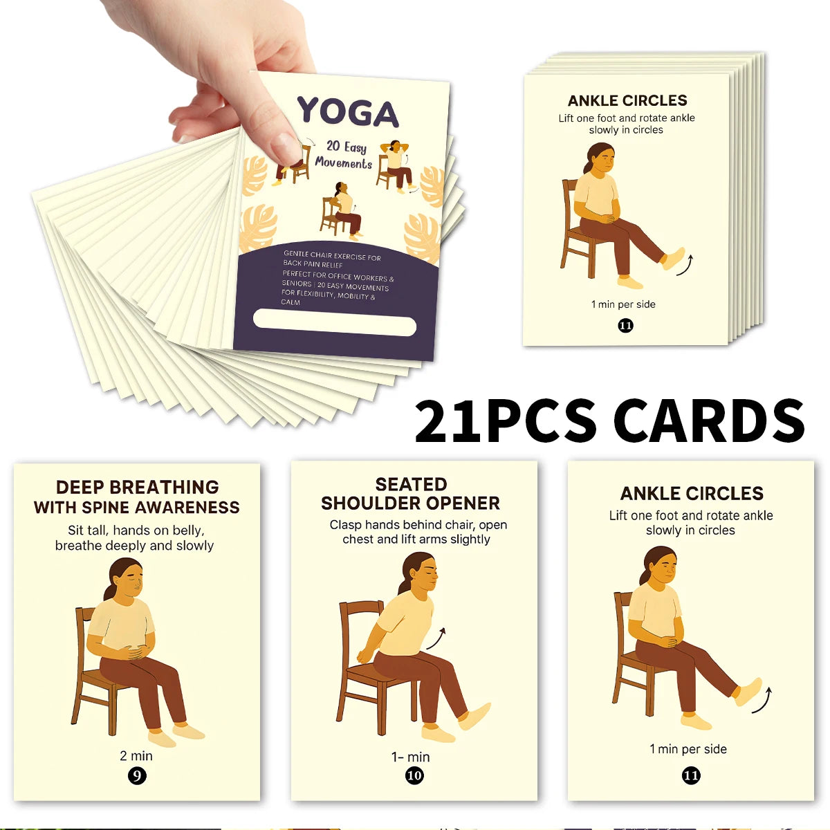 21pcs Seated Yoga Cards,Easy Chair Movements Poses Illustrated